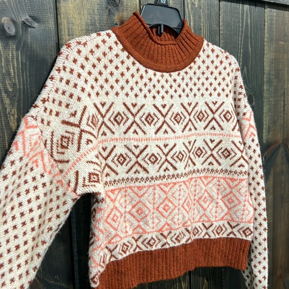 American Eagle Fair Isle Oversized Sweater S Vtg Retro Cropped Mock Cozy Preppy - Picture 2 of 9
